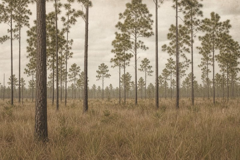 Open longleaf pine flatwoods on sandy coastal-plain soil in Croatan National Forest, widely spaced trunks over a low wiregrass understorey.