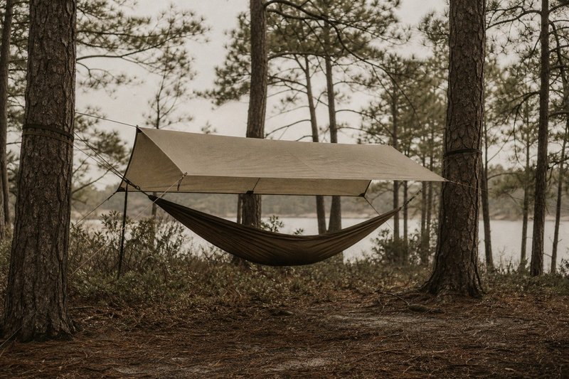 A hammock and tarp rigged in damp coastal woodland, the conditions this kit is chosen for.