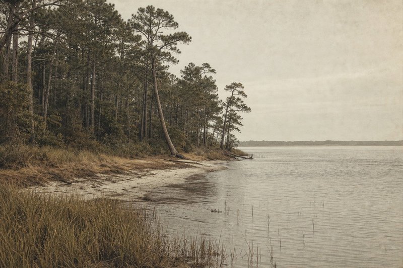 A quiet brackish shoreline at the edge of the coastal forest near Oyster Point, marsh grass in the foreground and pines leaning at the treeline.