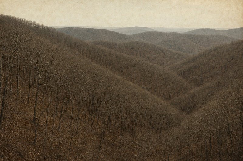 Bare winter hardwood forest on the eroded Piedmont ridges of Uwharrie National Forest.
